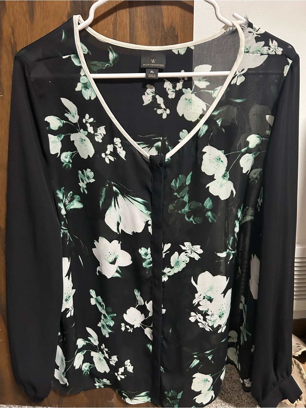 Worthington Black Floral V-Neck Blouse with Mint and White Print